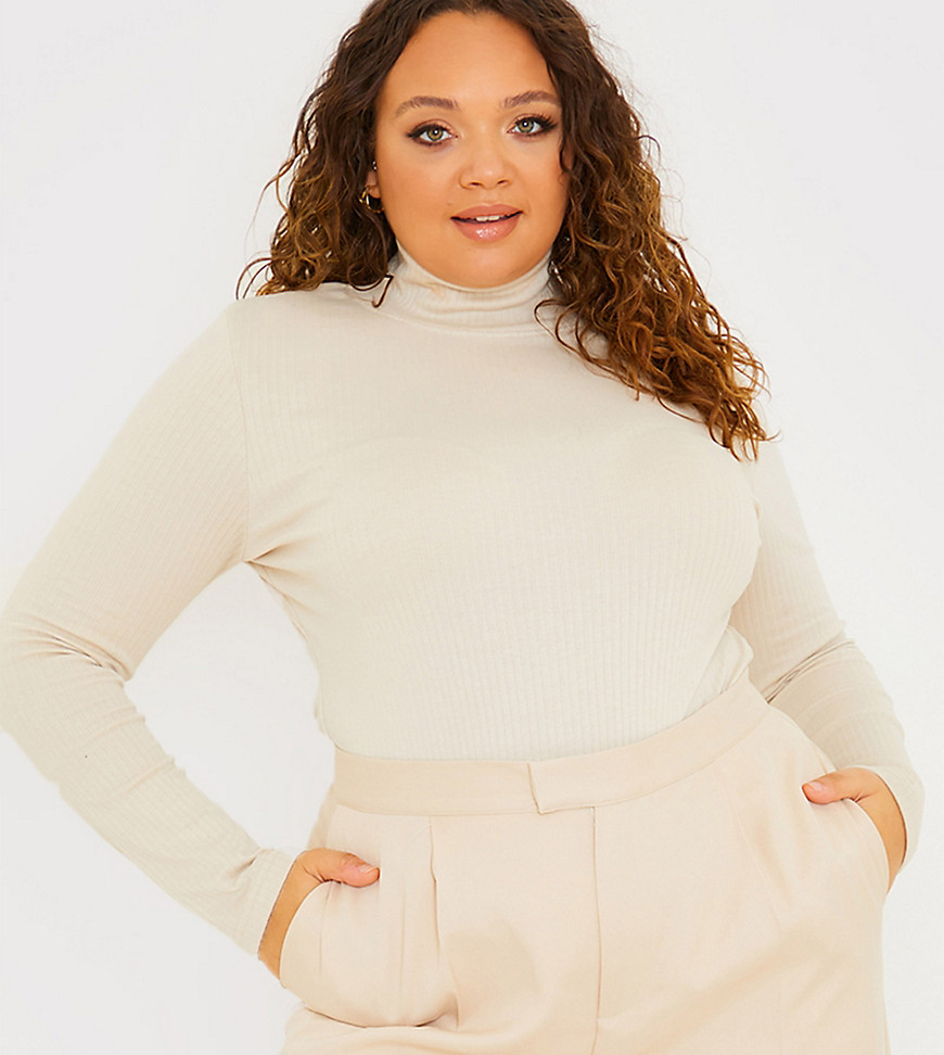 Plus-size bodysuit by In The Style Collaboration with influencer Perrie Sian Plain design Roll-neck Long sleeves Bodycon fit