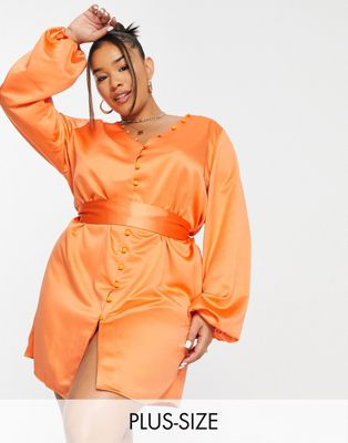 In The Style Plus x Perrie Sian satin button detail belted mini dress in orange