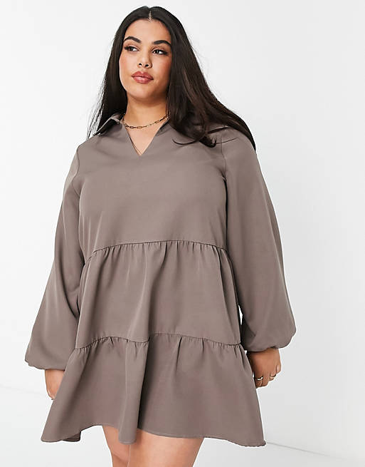 In The Style Plus x Perrie Sian satin tiered smock dress in khaki