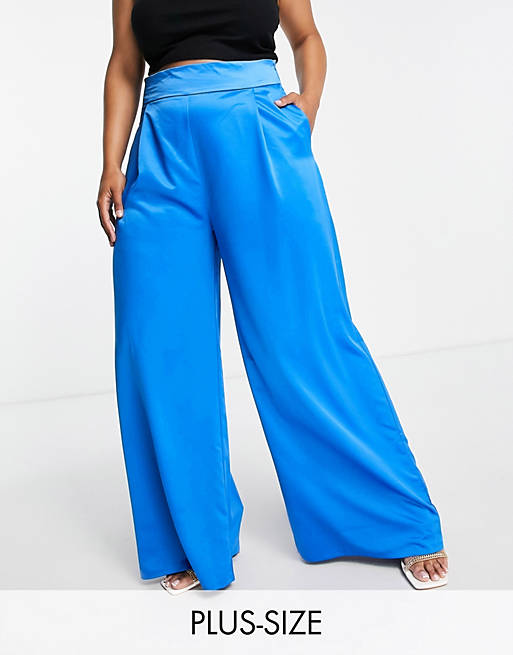 In The Style Plus x Perrie Sian satin wide leg pants in blue (part of a set)
