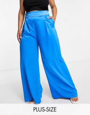 In The Style Plus x Perrie Sian satin wide leg trouser co-ord in blue - ASOS Price Checker