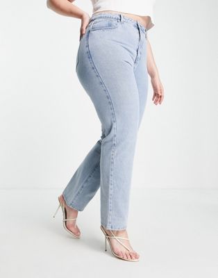 In The Style Plus x Perrie Sian straight leg jean in mid blue wash