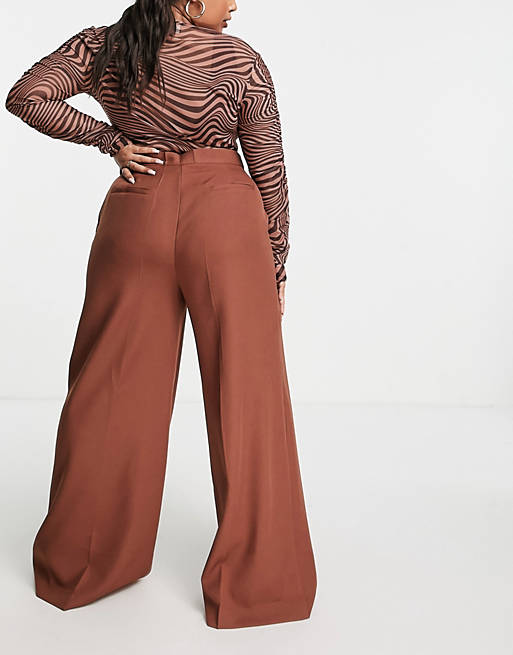 Women In The Style Plus x Perrie Sian wide leg trouser co ord in chocolate 
