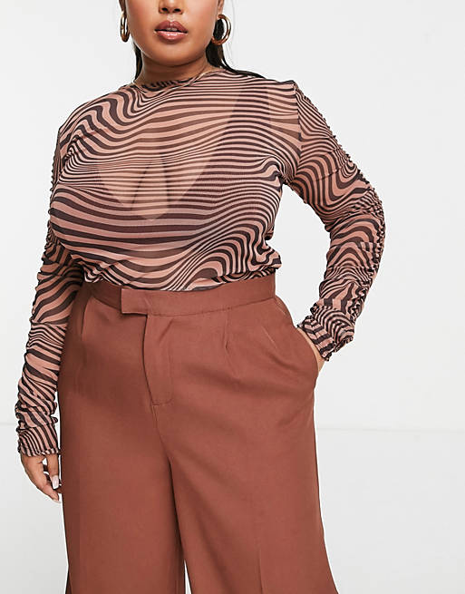Women In The Style Plus x Perrie Sian wide leg trouser co ord in chocolate 