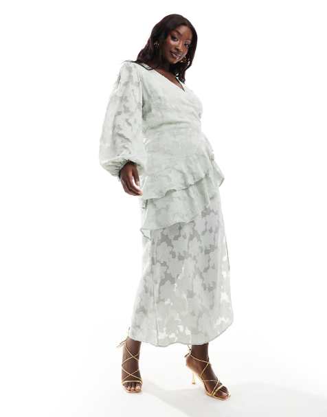 In The Style Plus x Perrie Sian wrap asymmetric ruffle maxi dress in sage jacquard - view 1