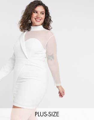 IN THE STYLE PLUS X SAFFRON BARKER ASYMMETRIC MESH TAILORED MINI DRESS IN WHITE SAF005-C