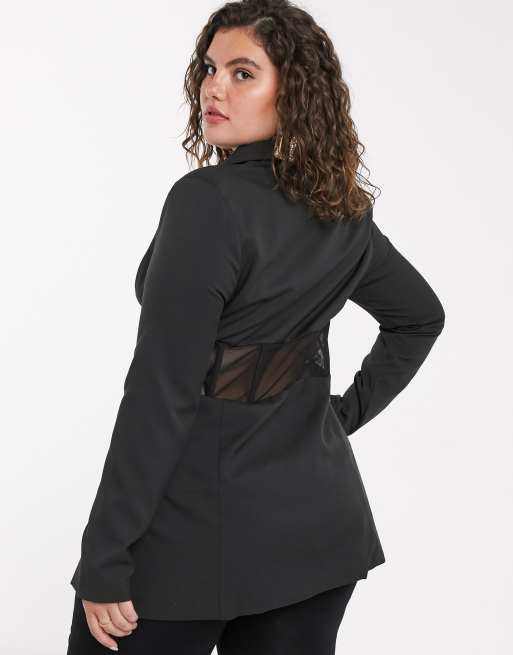 Plus Black Corset Waist Detail Blazer