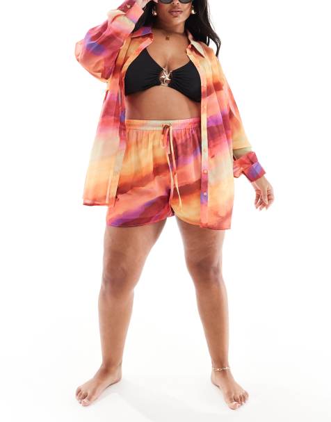 In The Style Plus x semi sheer Perrie Sian beach shorts in orange ombre - view 1