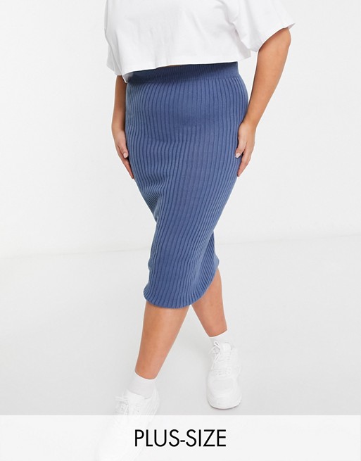In The Style Plus x Shaughna ribbed midi skirt in blue