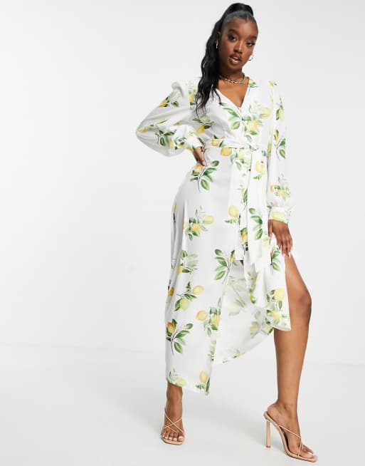 In The Style Plus x Stacey Solomon – Midikleid mit sommerlichem Zitronen-Print und Bindedetail