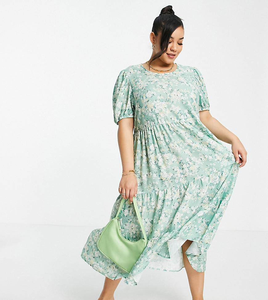 In The Style Plus x Stacey Solomon tiered ruffle smock midi dress in green floral print-Multi