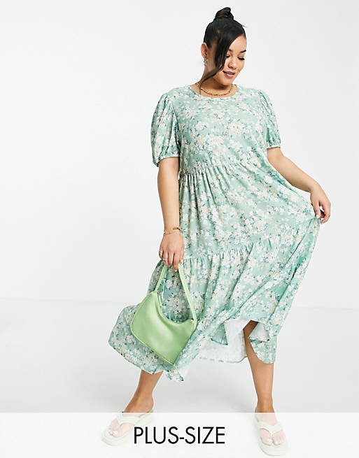 In The Style Plus x Stacey Solomon tiered ruffle smock midi dress in green floral print