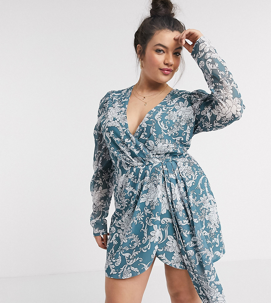 In The Style Plus x Stephsa wrap front asymmetric ruffle skater dress in blue baroque print-Multi