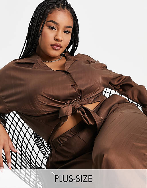 Co-ords In The Style Plus x Syd & El exclusive knot front shirt co ord in brown 