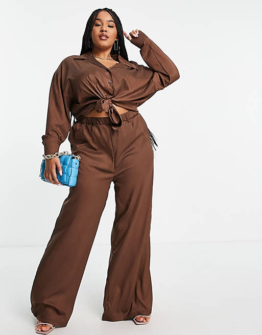 Co-ords In The Style Plus x Syd & El exclusive knot front shirt co ord in brown 