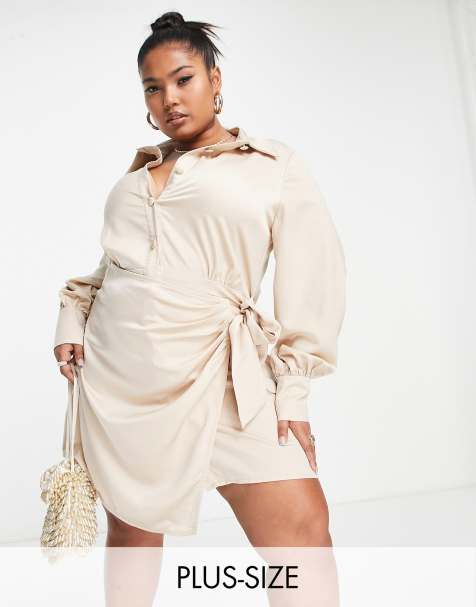 In The Style Plus x Terrie Mcevoy – Beige mini-skjortklänning i satin - view 1