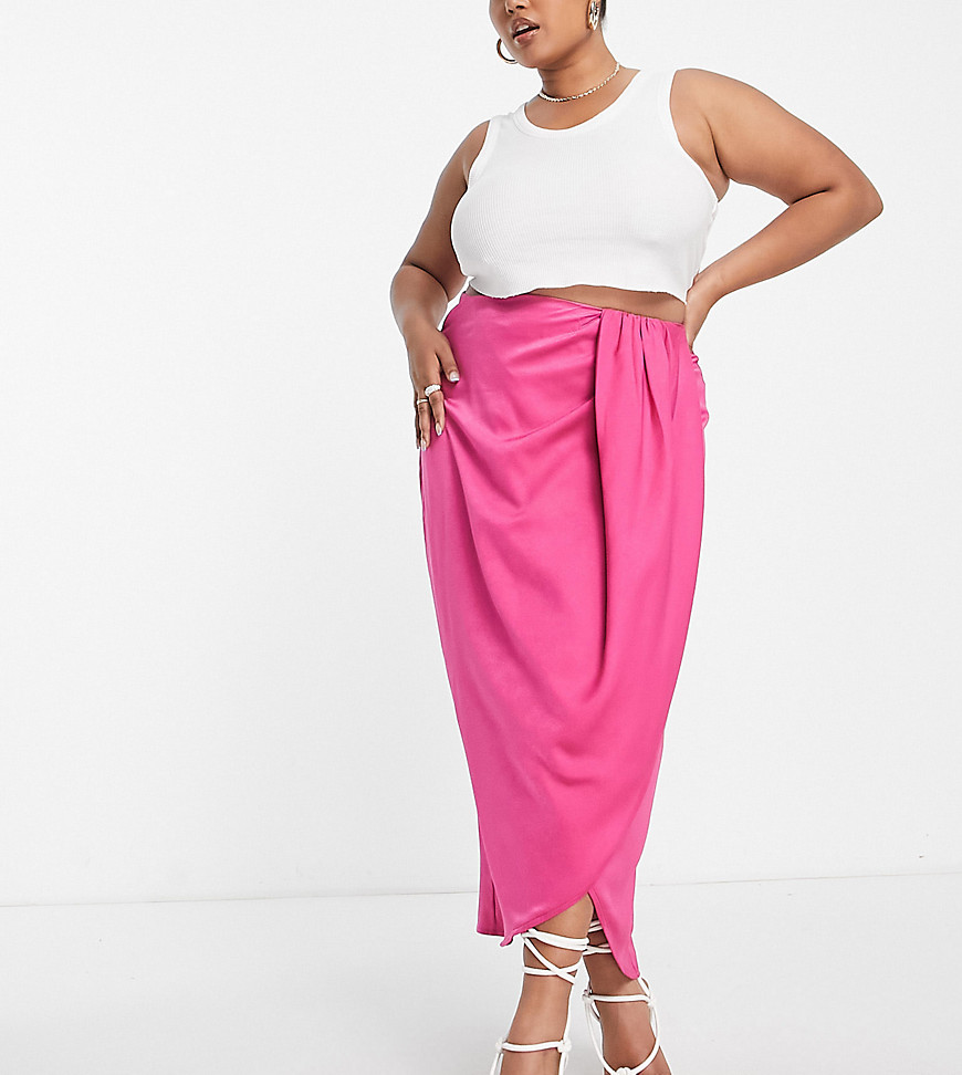In The Style Plus x Terrie McEvoy frill wrap detail midi skirt in pink