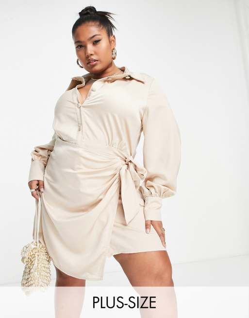 In The Style Plus x Terrie Mcevoy satin wrap mini shirt dress in stone