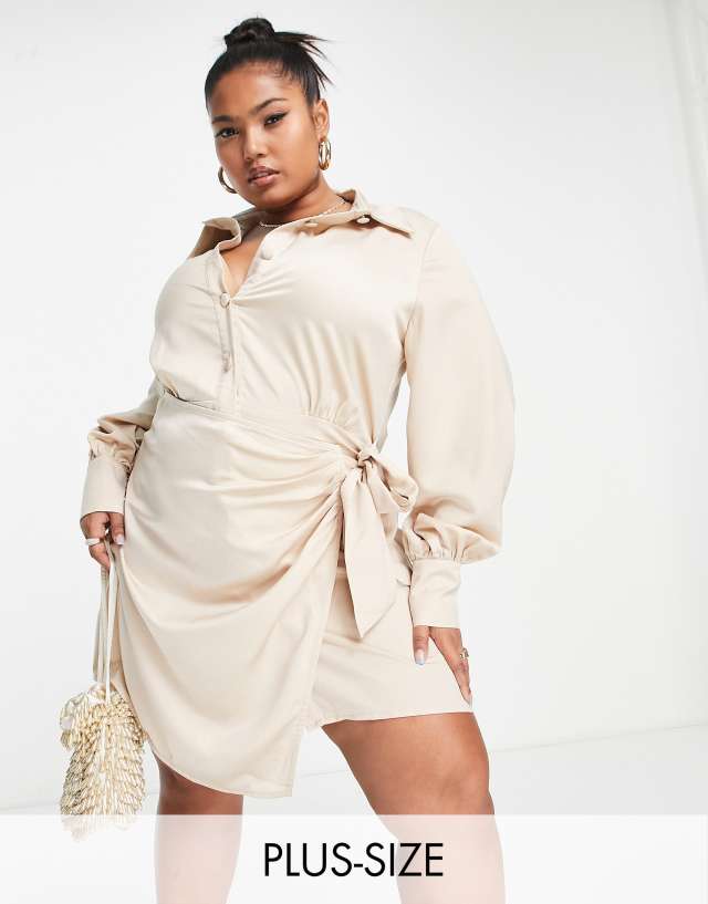 In The Style Plus x Terrie Mcevoy satin wrap mini shirt dress in stone