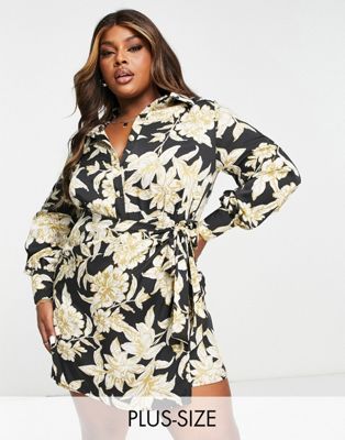 In The Style Plus x Terrie Mcevoy wrap mini shirt dress in black floral