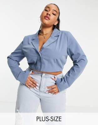 In The Style Plus x Yasmin Chanel cropped blazer co ord in blue