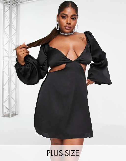 In The Style Plus x Yasmin Chanel satin cut out volume sleeve skater dress  in black