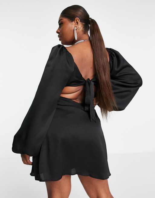 In The Style Plus x Yasmin Chanel satin cut out volume sleeve skater dress in black, 2 of 4
