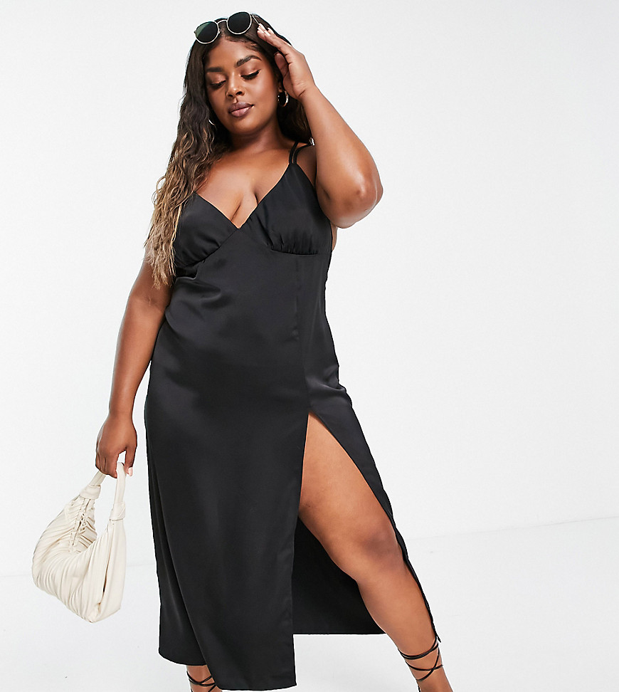 In The Style Plus x Yasmin Chanel satin maxi dress with thigh slit in black