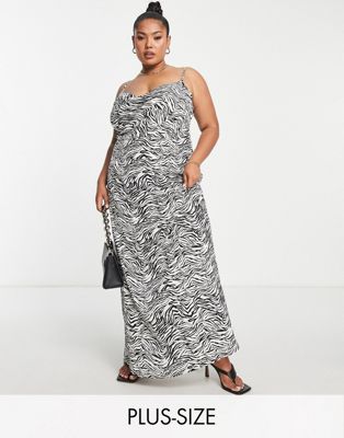 In The Style Plus x Yasmin Devonport exclusive satin cowl front maxi dress in zebra print