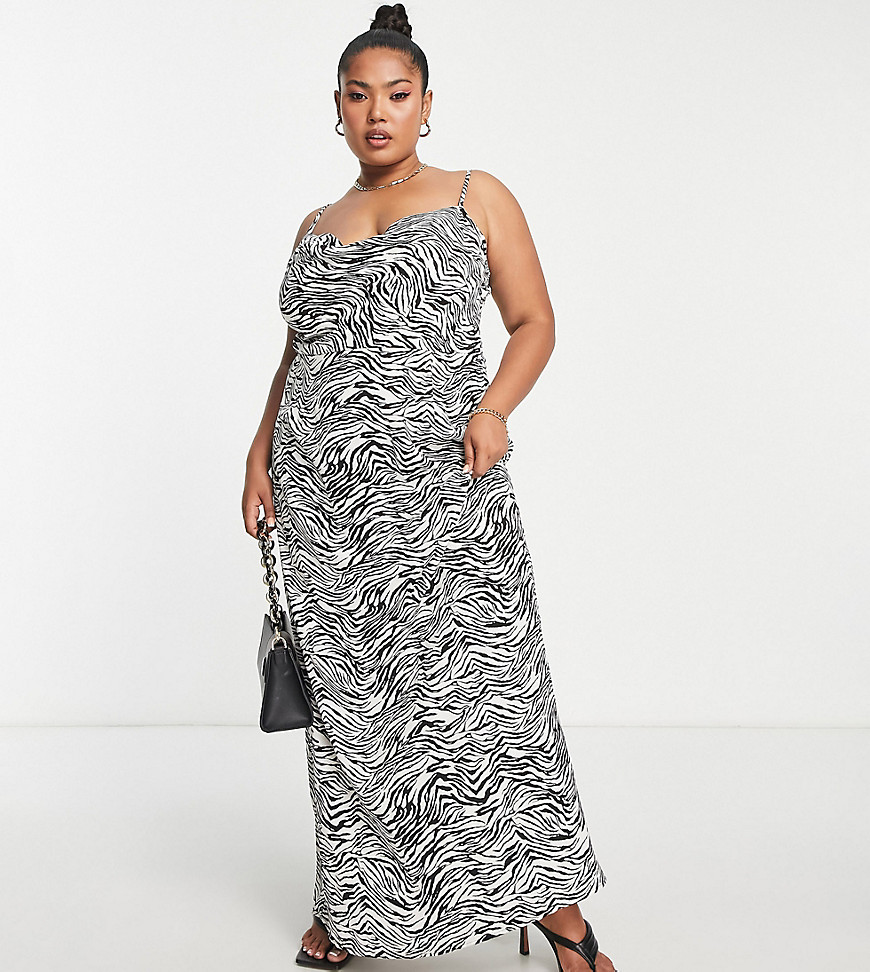 In The Style Plus x Yasmin Devonport exclusive satin cowl front maxi dress in zebra print-Multi