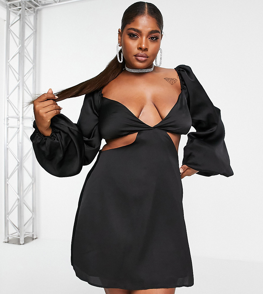 In The Style Plus x Yasmine Chanel satin cut out volume sleeve skater dress in black