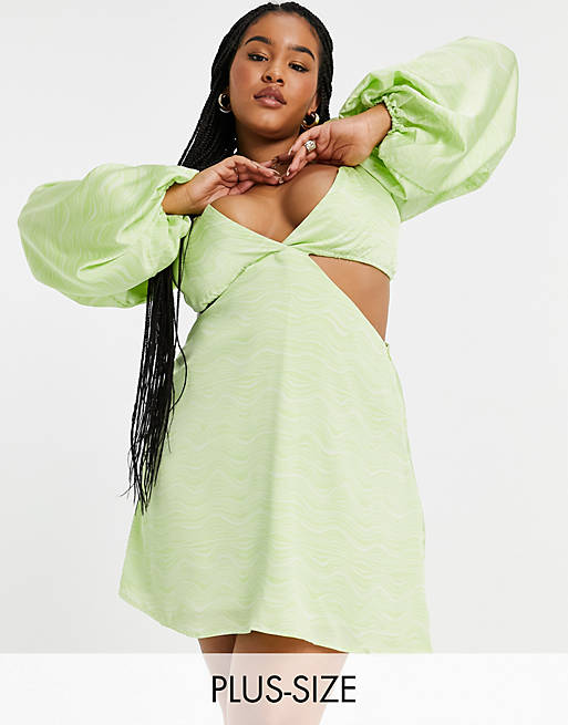 In The Style Plus x Yasmine Chanel satin cut out volume sleeve skater dress  in green