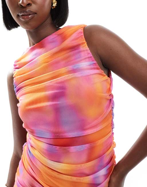 In The Style printed ruched mesh mini dress in multi, 4 of 4