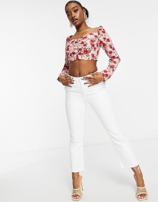 In The Style puff sleeve crop top in rose print ASOS