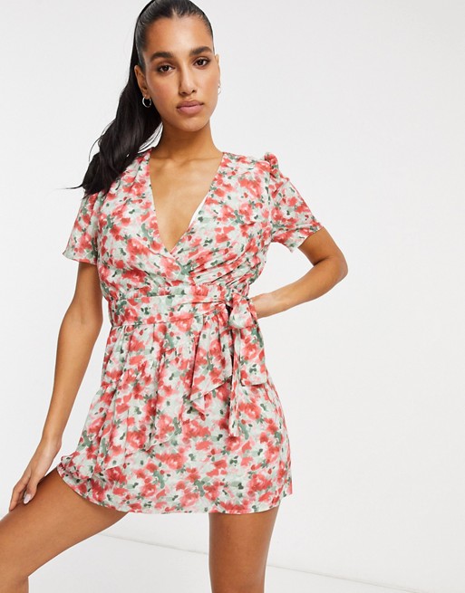 In The Style puff sleeve wrap dress in floral print