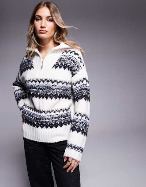 In The Style - Pull en maille à col zippé avec imprimé jacquard - Crème - view 1