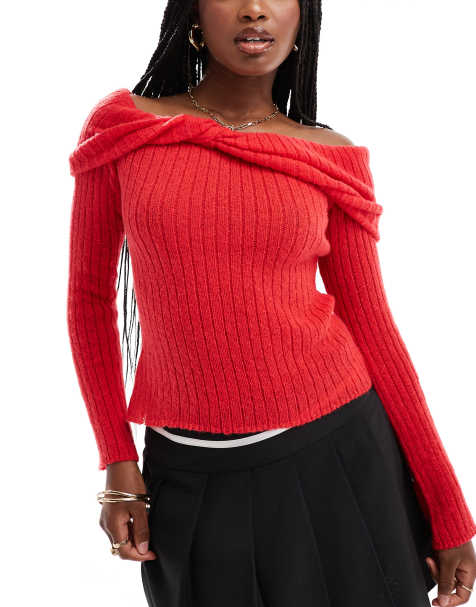 In The Style - Pull en maille à encolure Bardot torsadée - Rouge - view 1