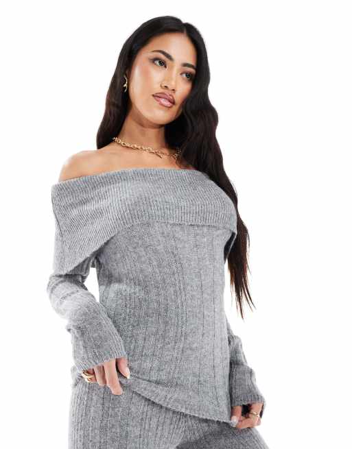 In The Style – Pullover aus Rippstrick in Grau mit umgeschlagenem Carmen-Ausschnitt, Kombiteil