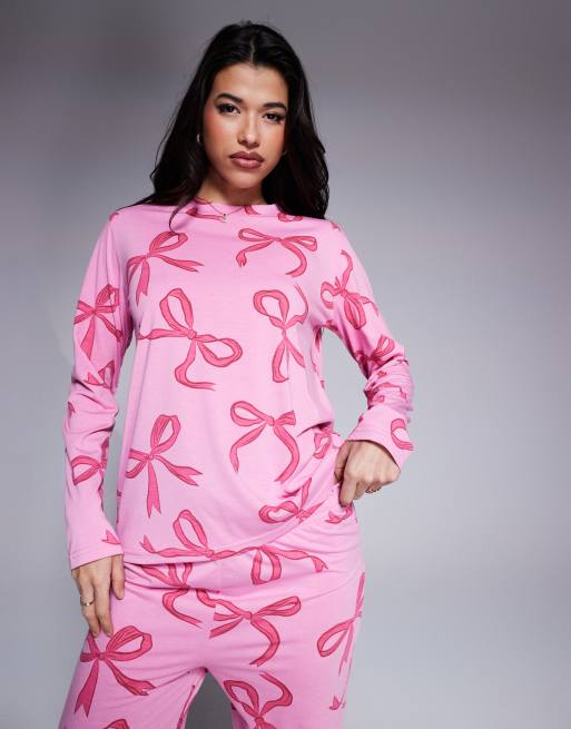 In The Style pyjama long sleeve top and trousers set in pink bow print, 2 of 4