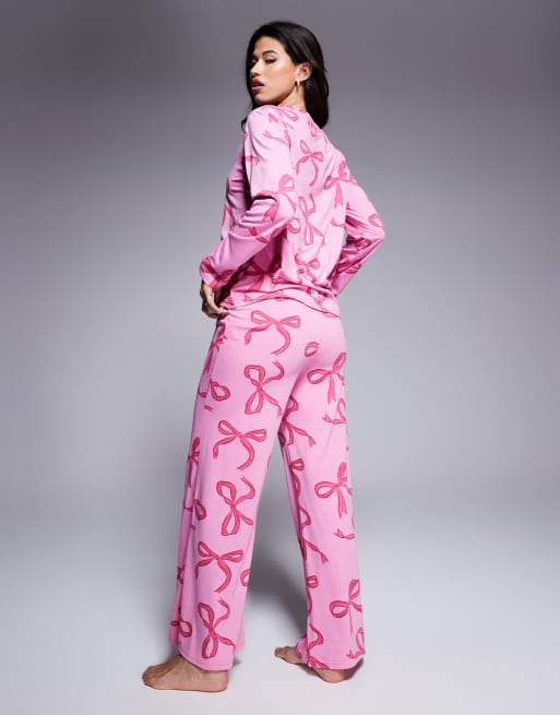 In The Style pyjama long sleeve top and trousers set in pink bow print, 4 of 4