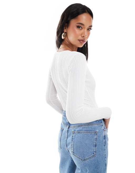 In The Style ribbed button detail round neck body in ecru, 3 of 4