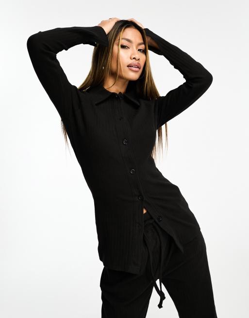 In The Style ribbed button through shirt in black (part of a set)