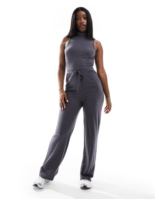 In The Style ribbed high neck drawstring detail wide leg jumpsuit