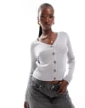 [In The Style] In The Style ribbed knit button through fitted cardigan in grey 14-16 GREY