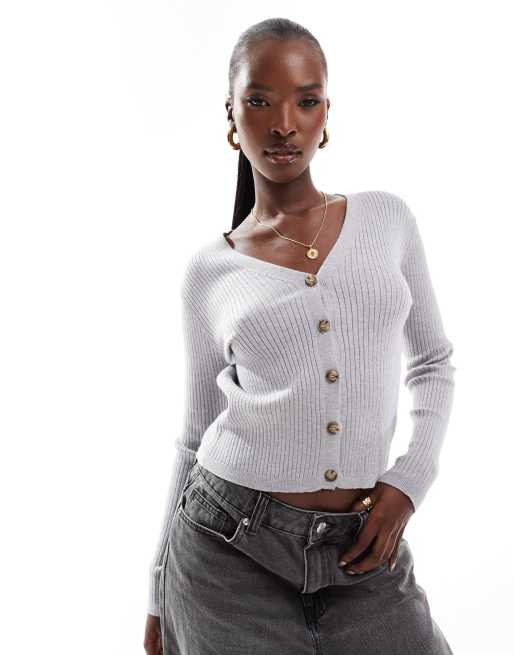 In The Style - Ribgebreid aansluitend vest met knoopsluiting in grijs