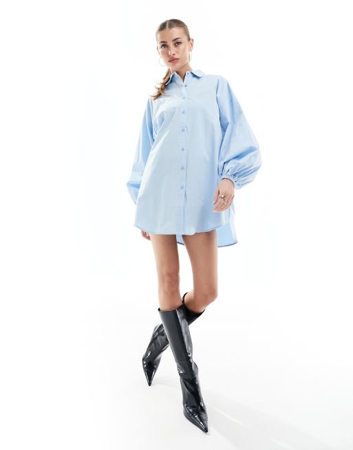 In The Style - Robe chemise courte à manches ballon oversize - Bleu