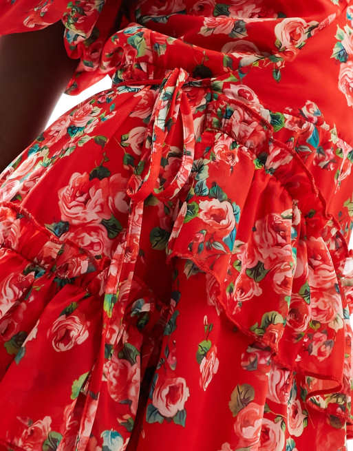 In The Style Robe courte enveloppante en mousseline a volants avec imprime roses