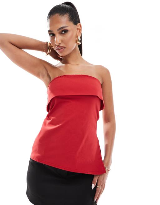 In The Style – Röd, lång topp i bengalin med nedvikt bandeau-ringning