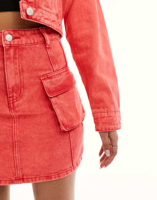 In The Style – Röd, tvättad jeanskjol i minilängd, del av set, 2 av 5