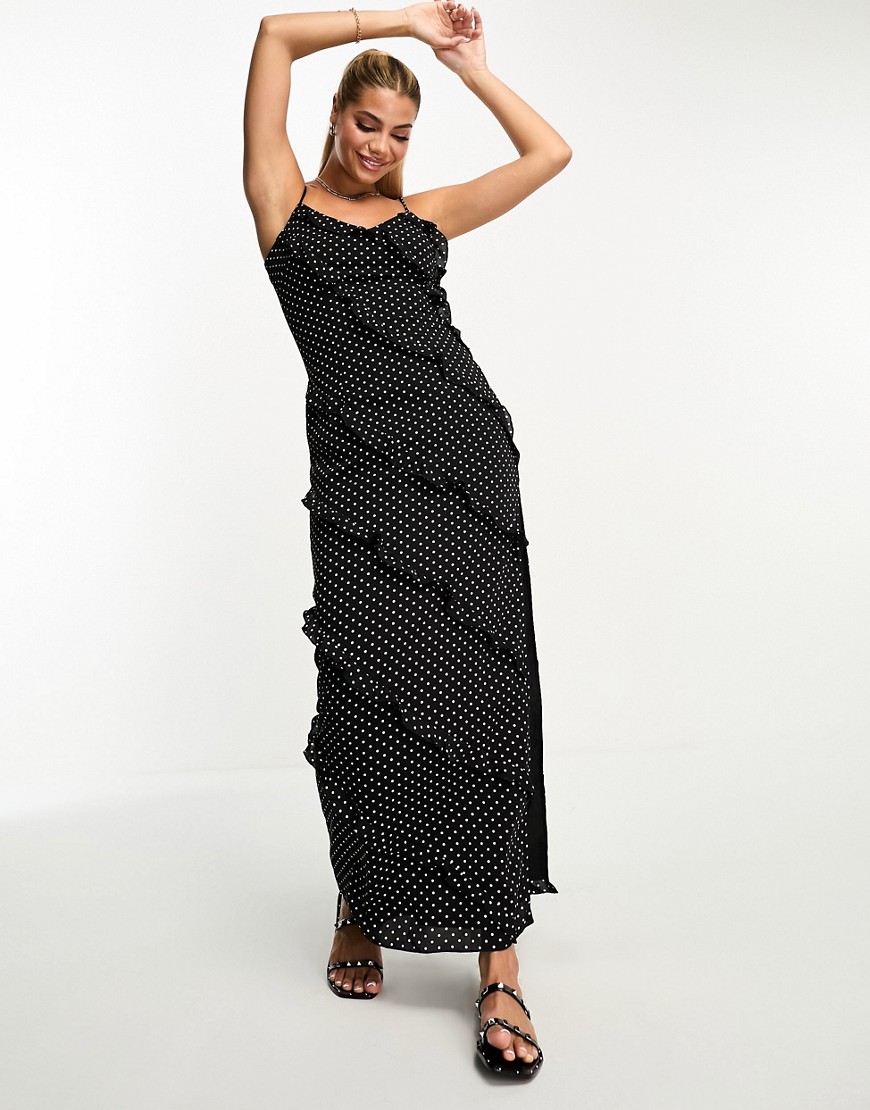 In The Style ruffle detail cami maxi dress in black spot print-Multi